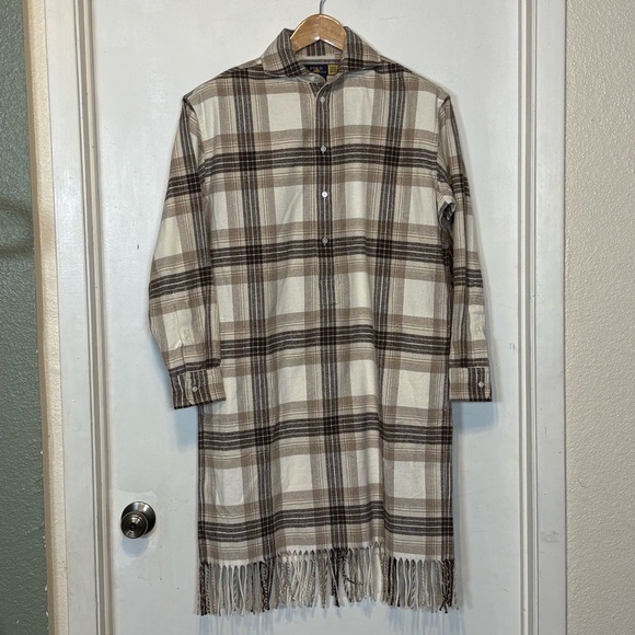 Polo by Ralph Lauren Women’s Plaid Fringe Trim Shirt Dress Brown & Cream Size 6 - Picture 3 of 10